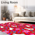 Happy White Dogs Pink Blue Flowers Rug