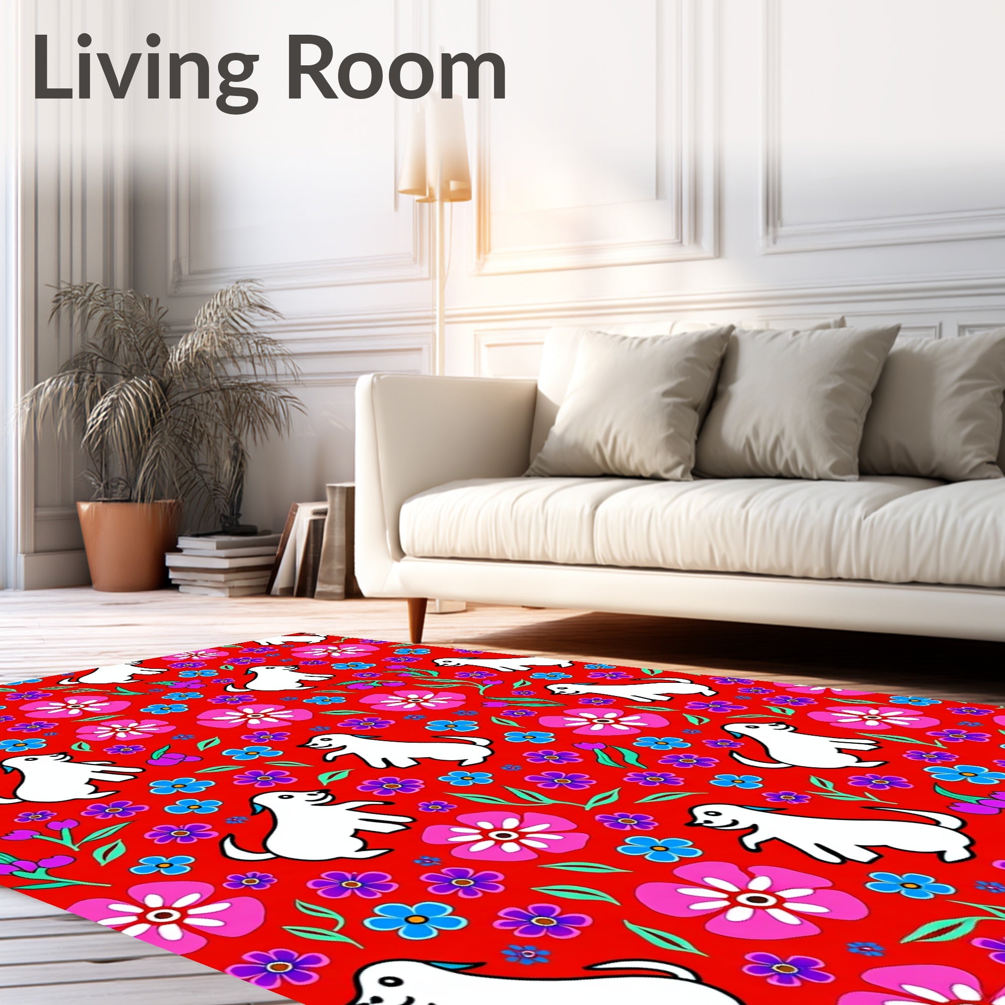 Happy White Dogs Pink Blue Flowers Rug