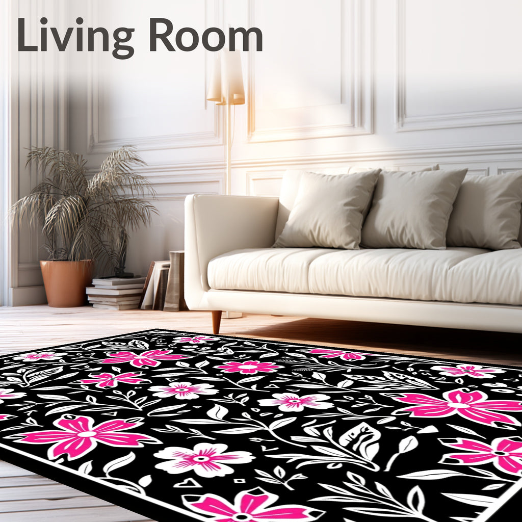 Bold Pink Blooming Branches Botanical Black Rug