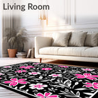Bold Pink Blooming Branches Botanical Black Rug