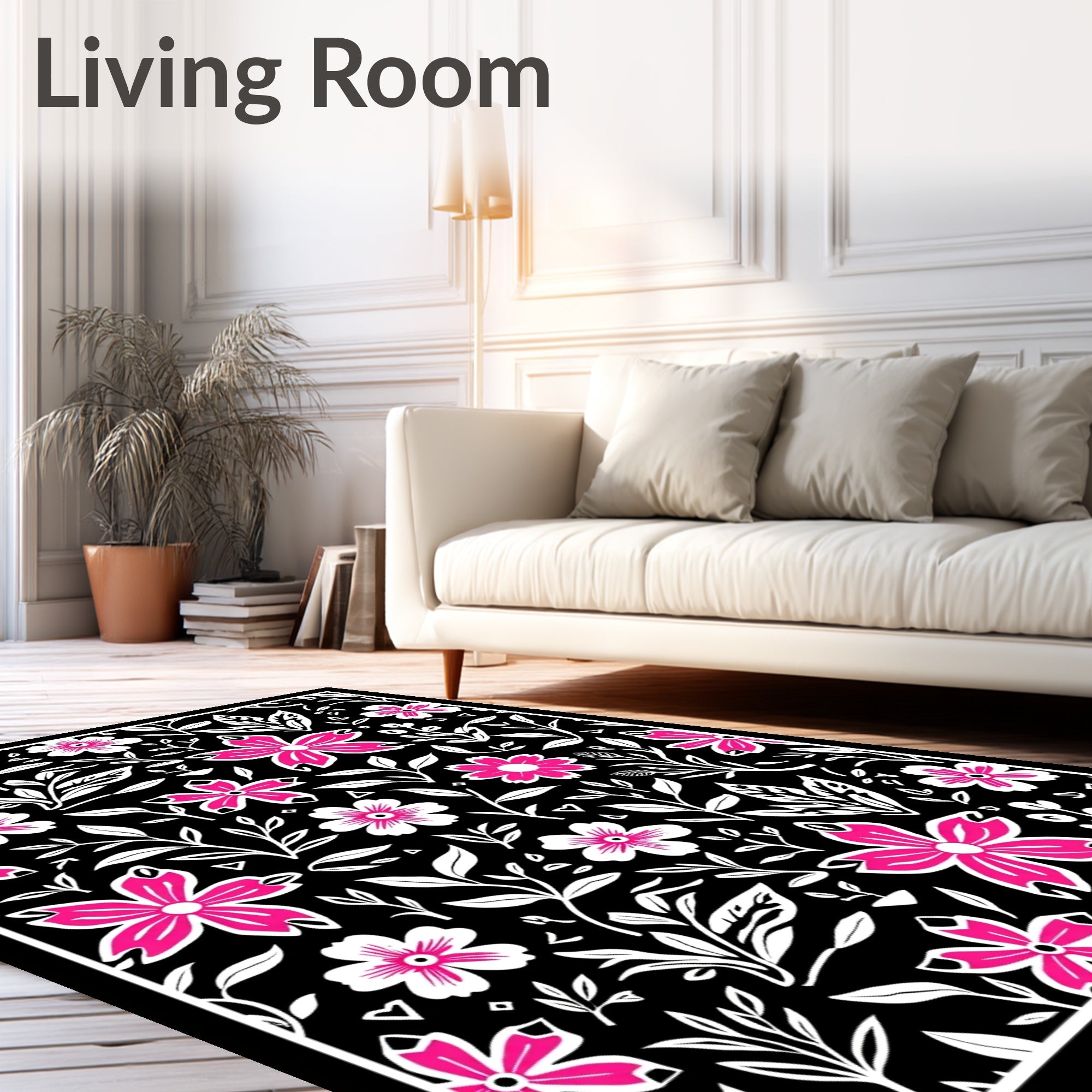Bold Pink Blooming Branches Botanical Black Rug