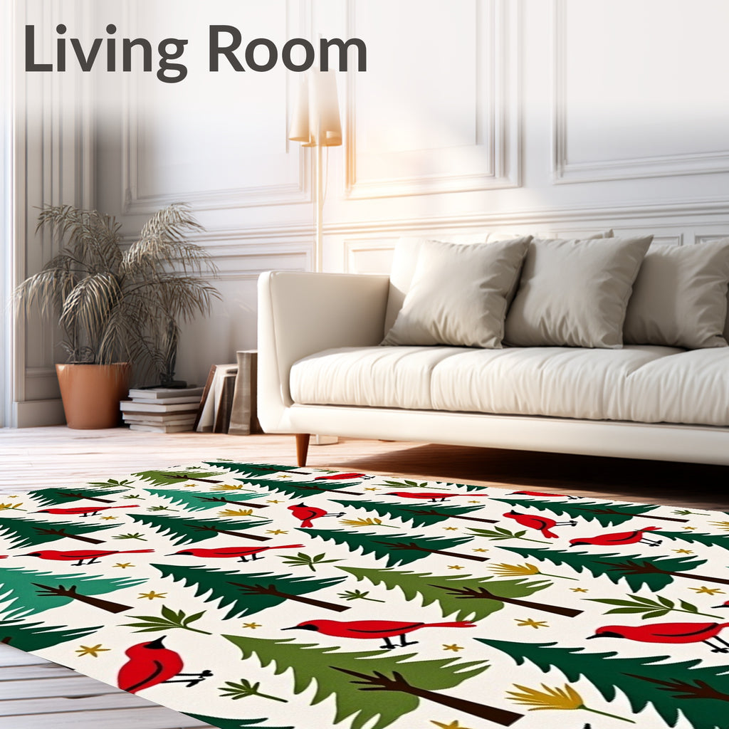 Red Cardinals and Green Evergreen Forest Rug