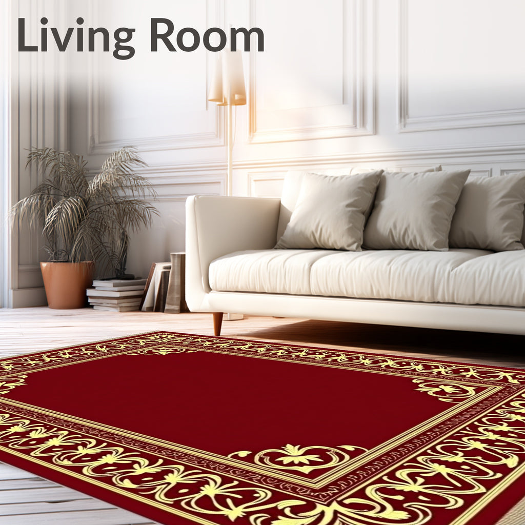 Deep Red Golden Filigree Border Rug