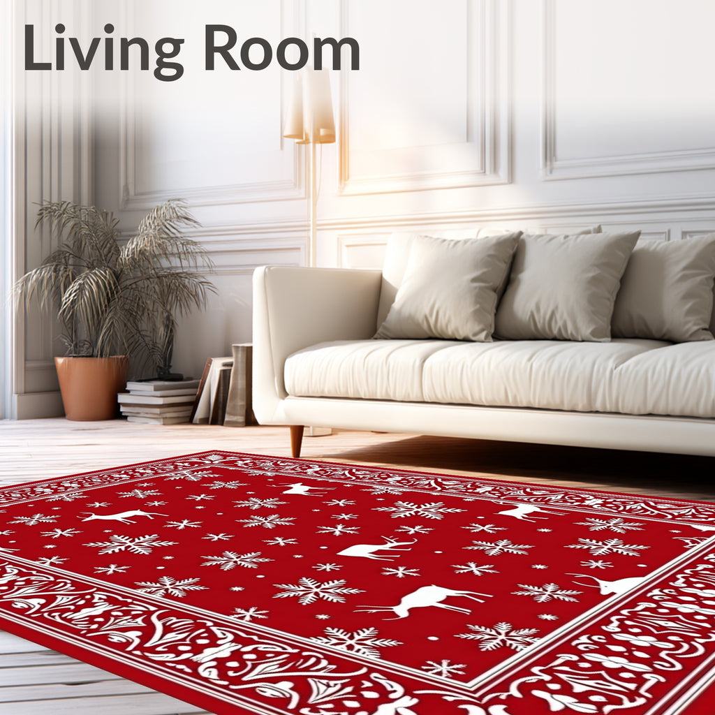 Red White Deer Snowflake Holiday Border Rug