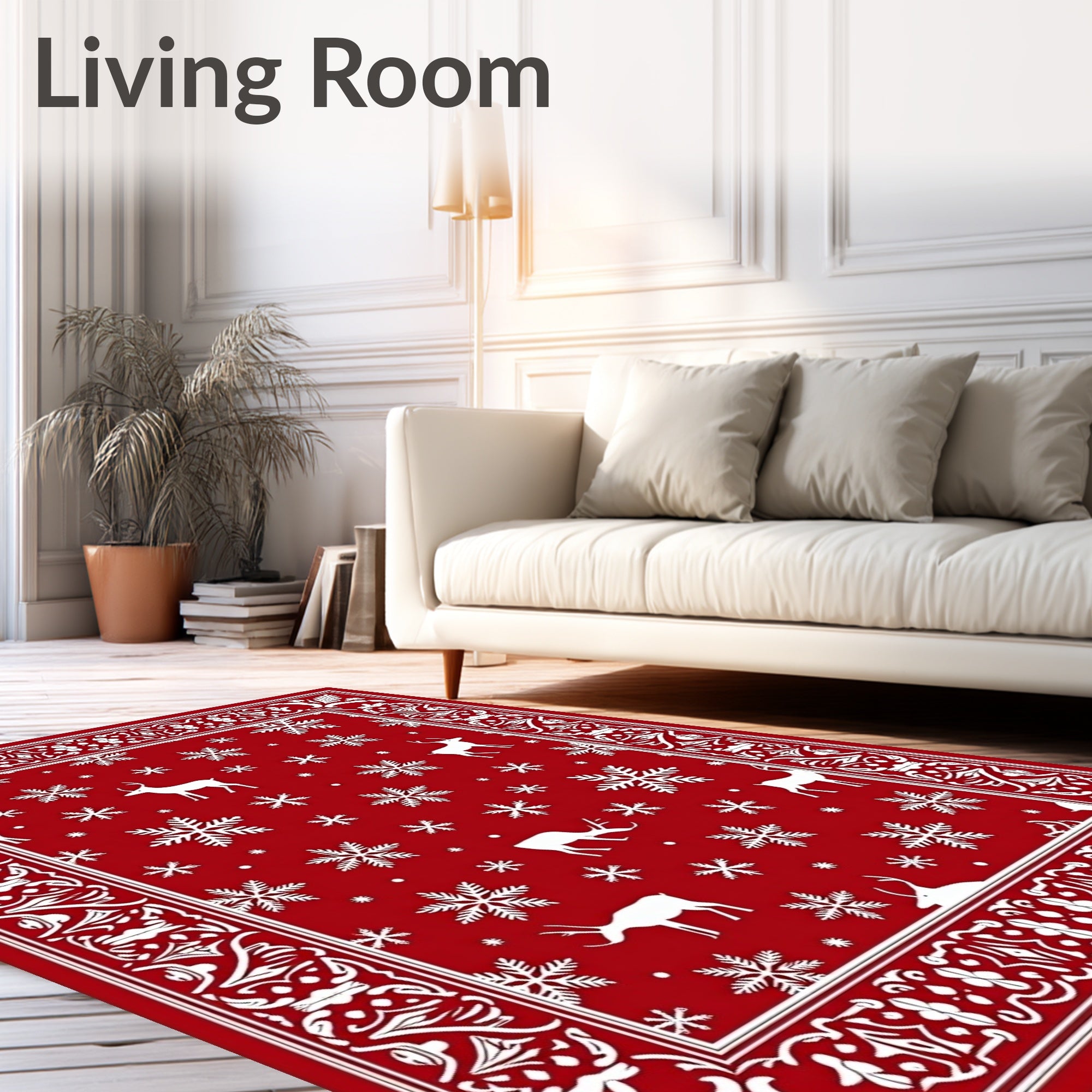 Red White Deer Snowflake Holiday Border Rug
