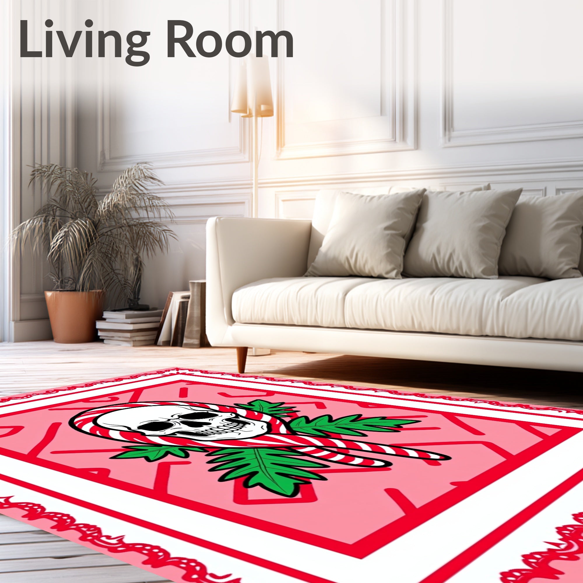 Sweet Skull Candy Cane Holly Red Rug