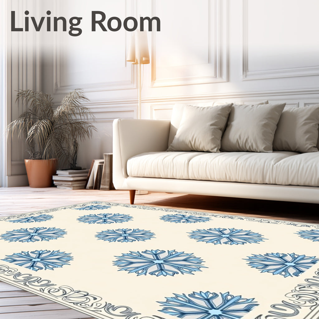Pale Blue Snowflake Arabesque Border Rug