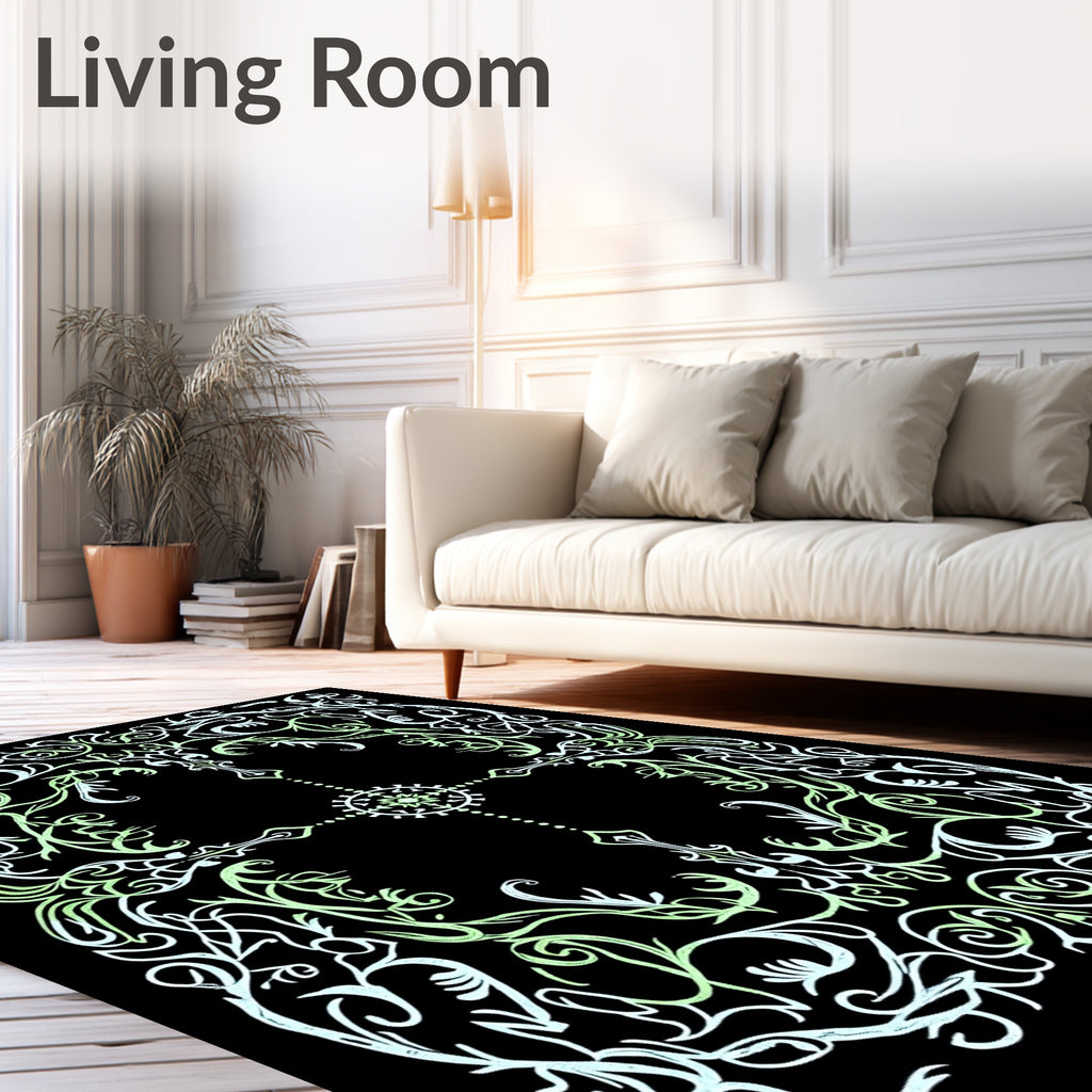 Light Green White Floral Scrollwork Medallion Rug