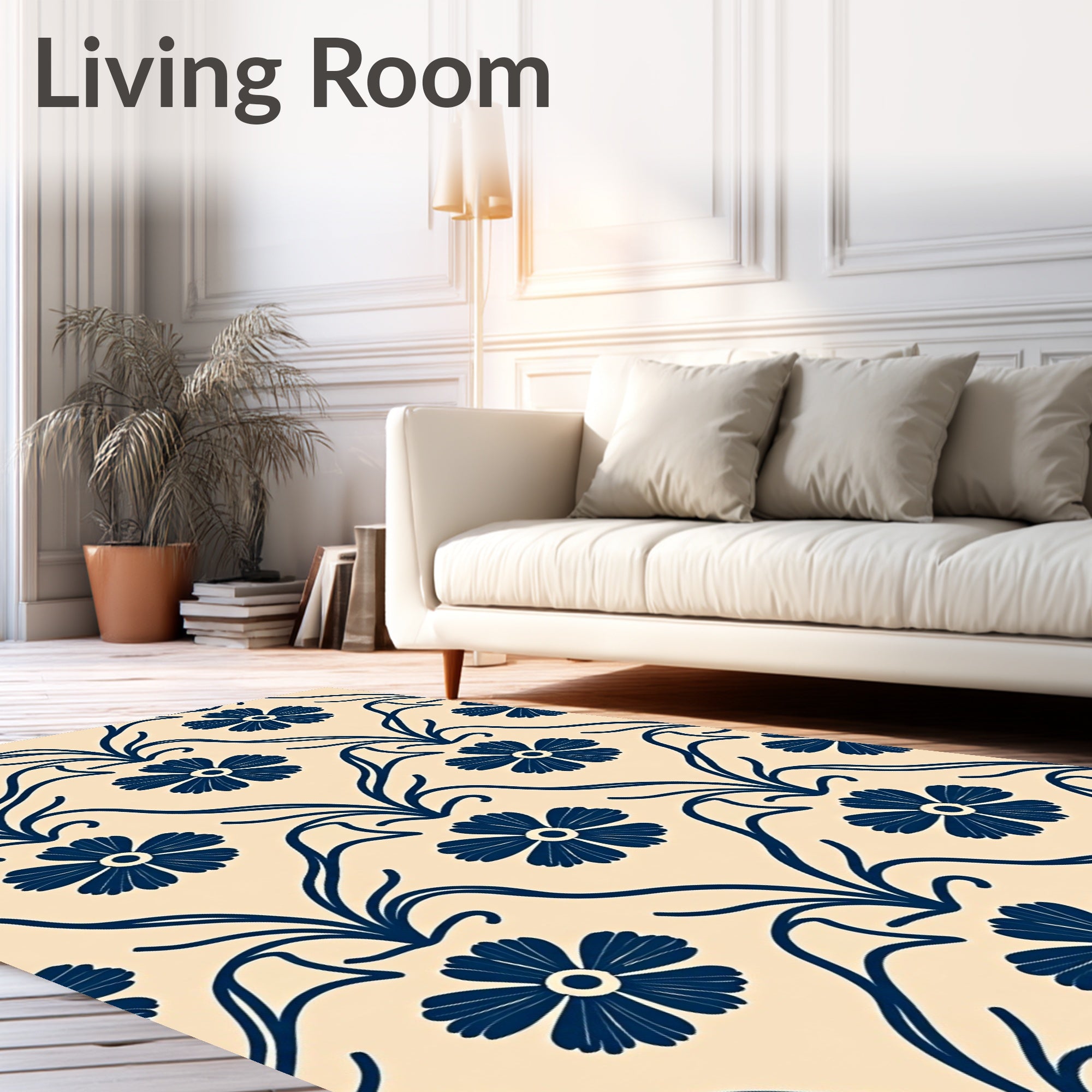 Navy Blue Floral Vine Damask Rug