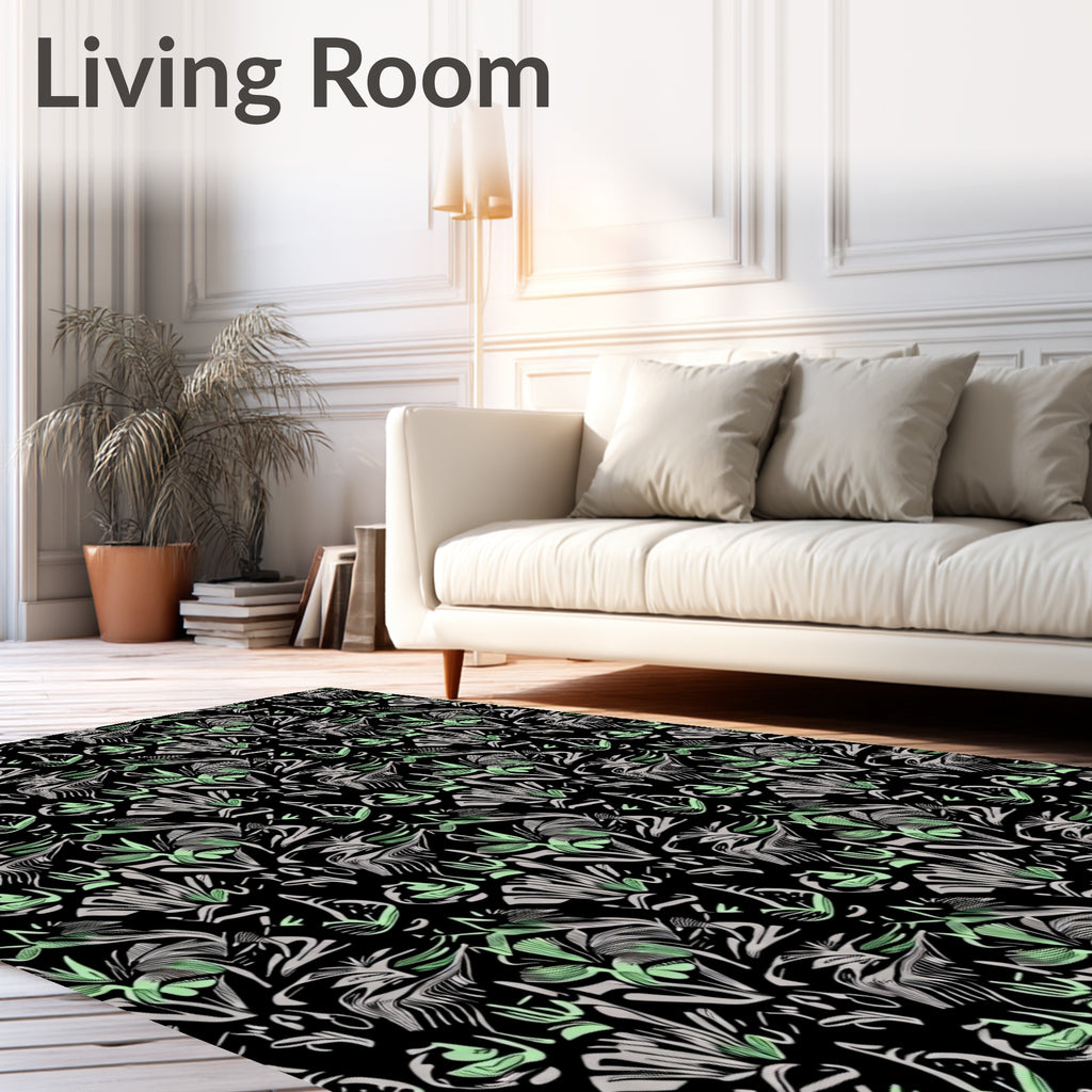 Botanical Sketch Black Green Floral Collage Rug