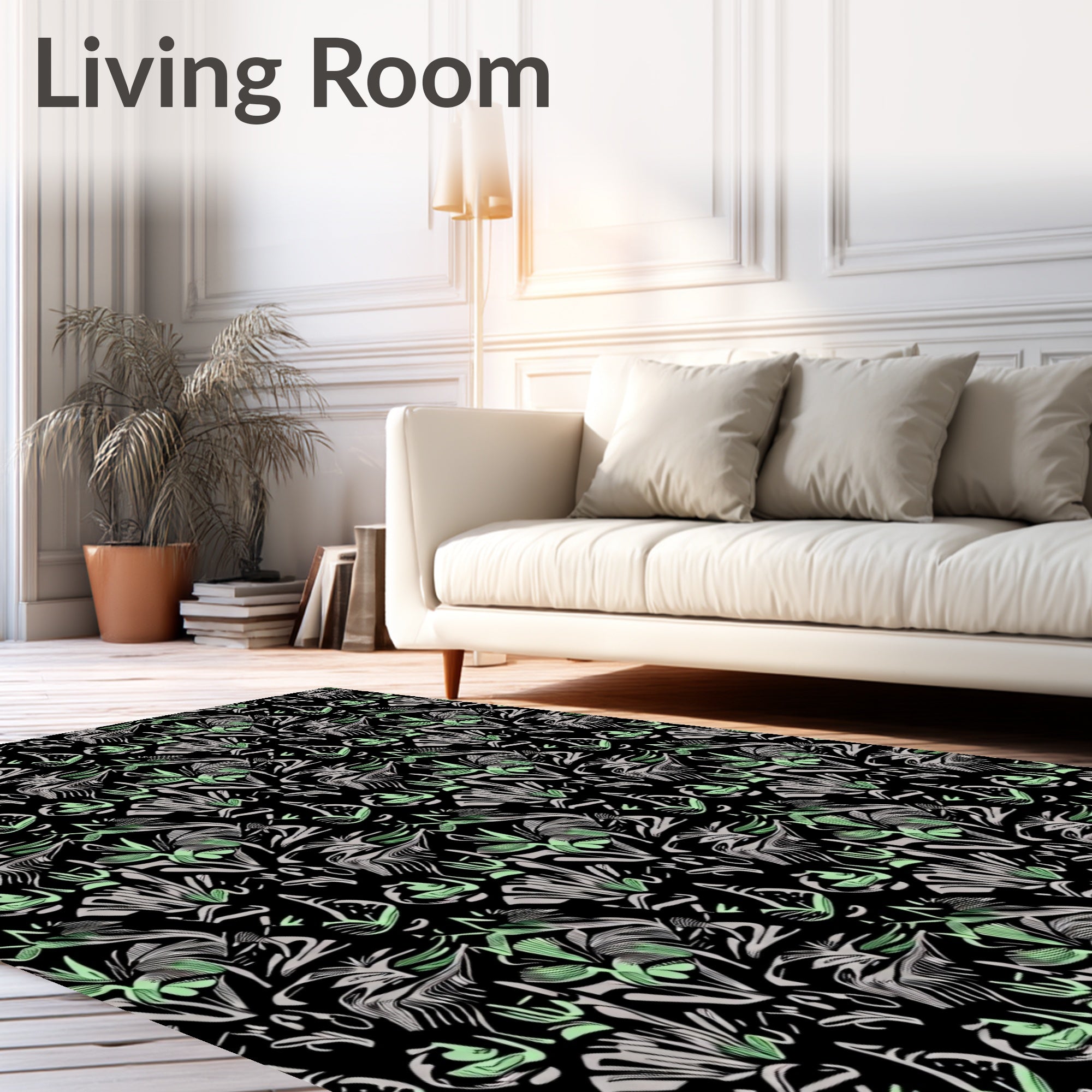 Botanical Sketch Black Green Floral Collage Rug