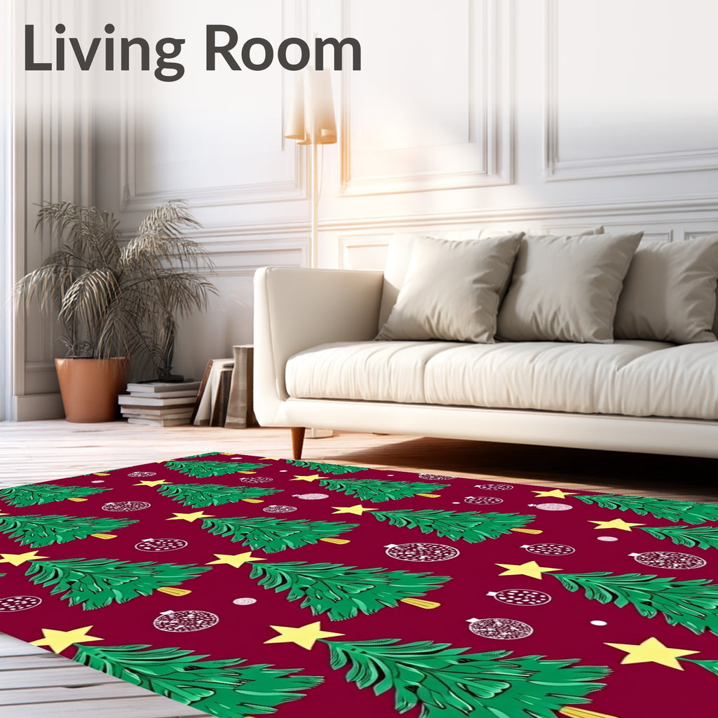 Festive Green Christmas Trees Yellow Stars Rug