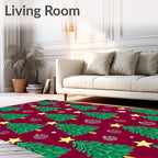 Festive Green Christmas Trees Yellow Stars Rug