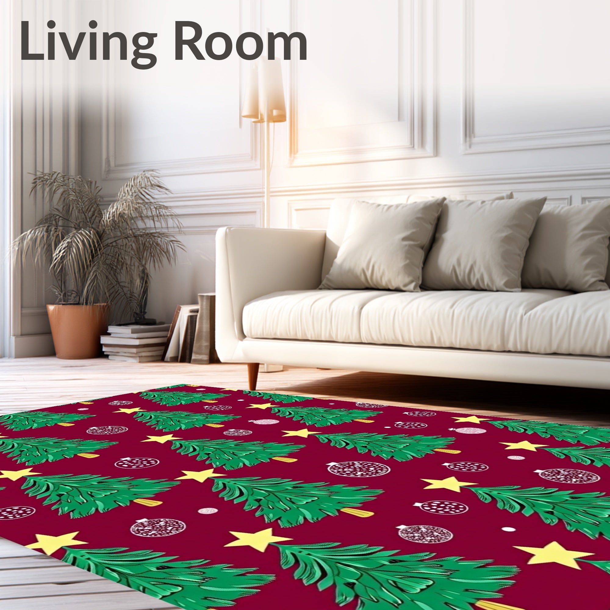 Festive Green Christmas Trees Yellow Stars Rug