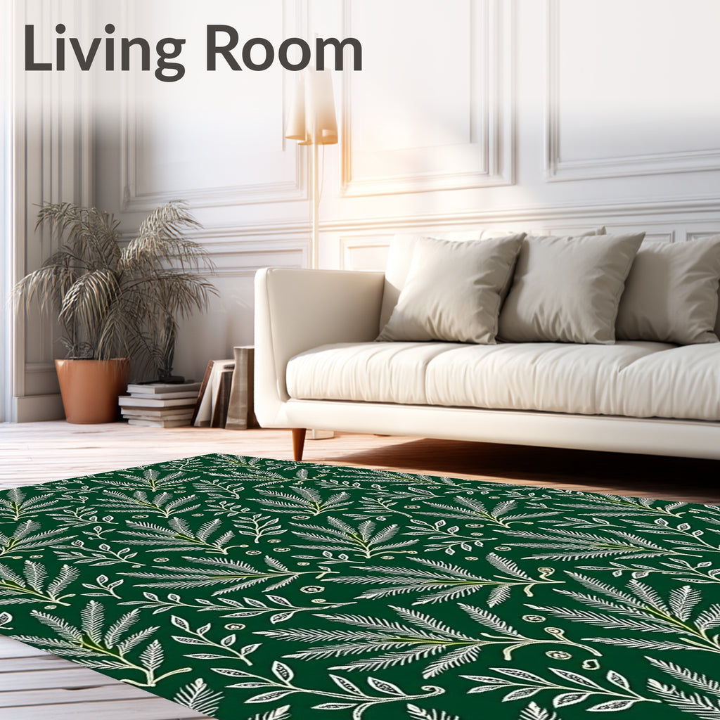 Dark Green White Leafy Branches Repeating Rug