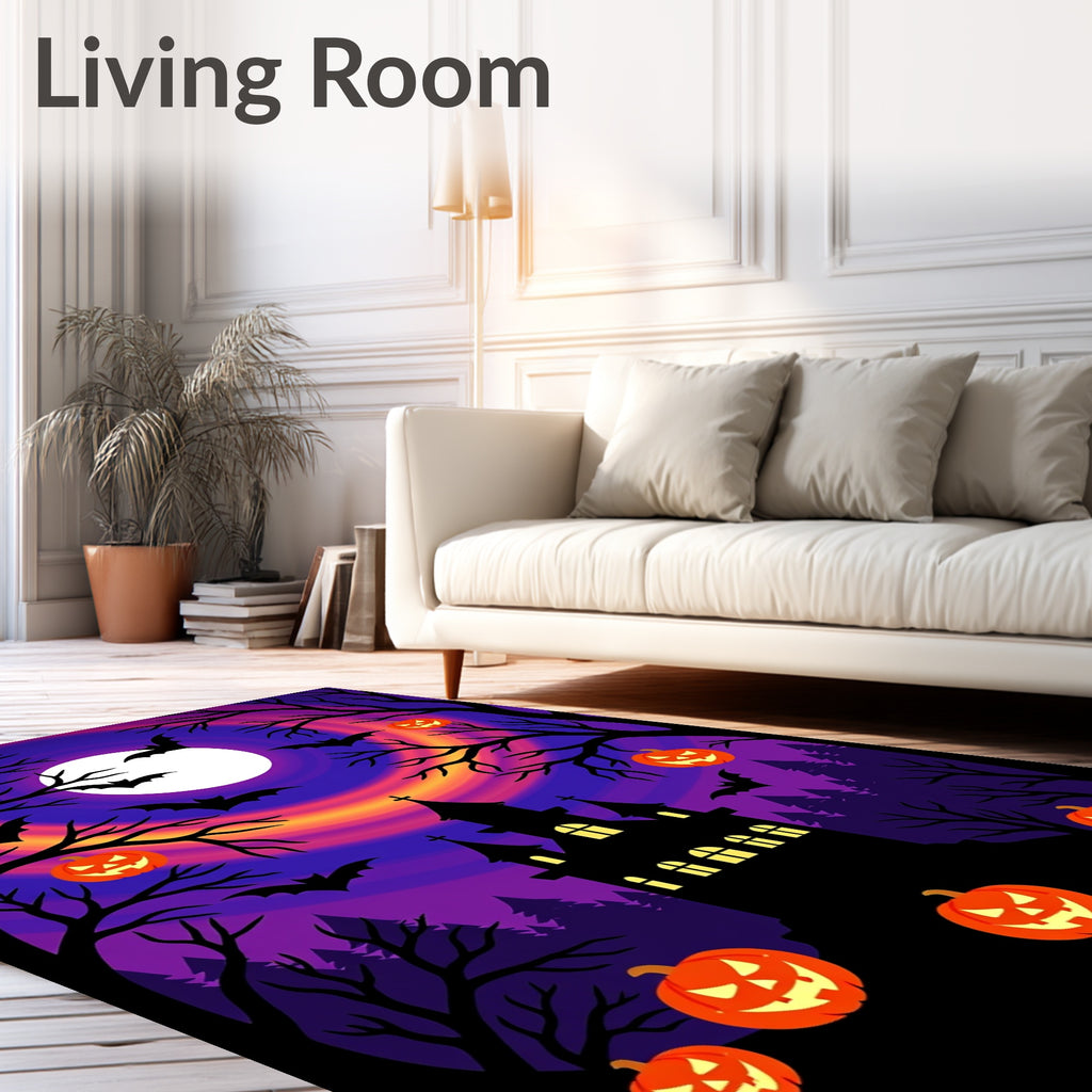Spooky Mansion Purple Orange Sky Bats Pumpkins Rug