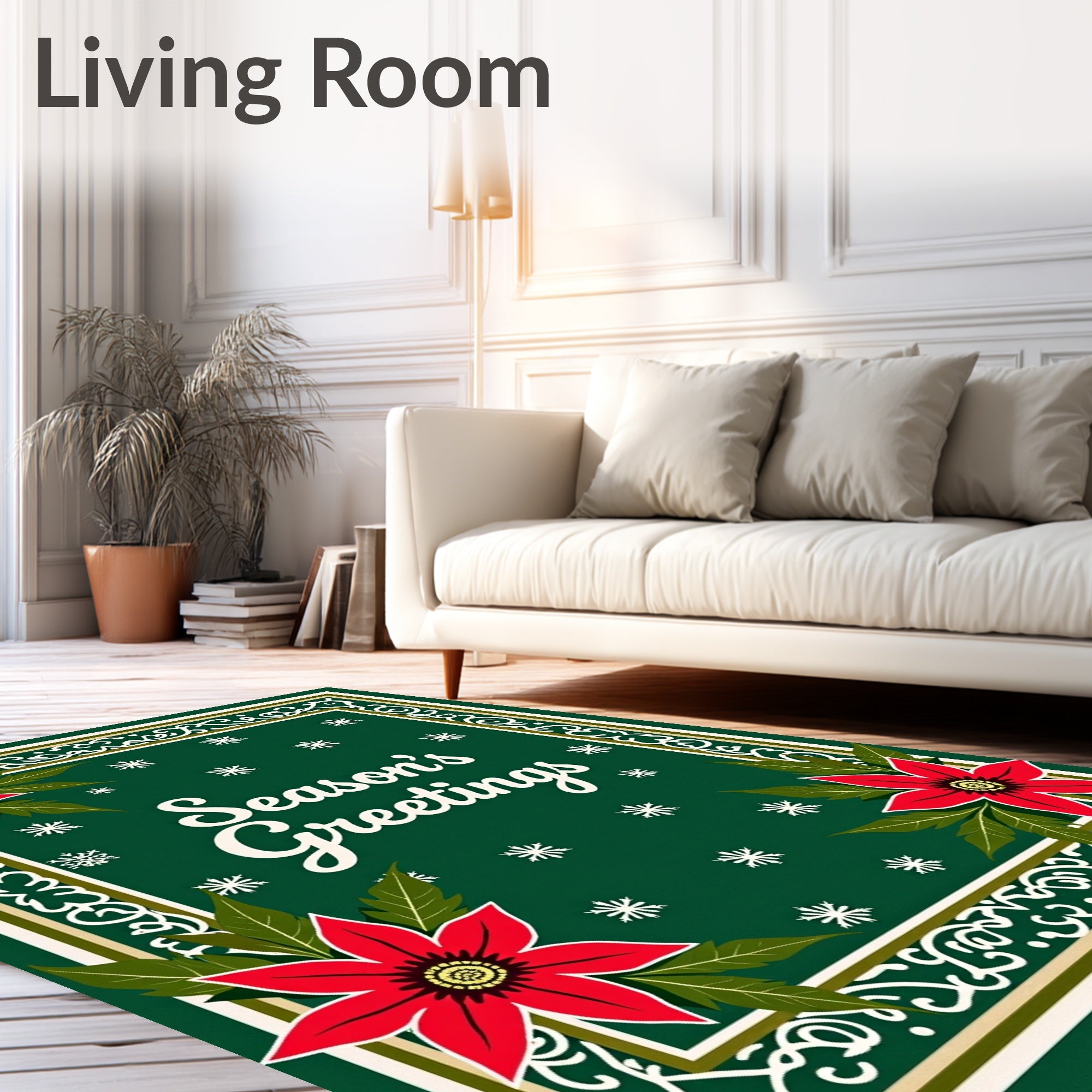 Red Poinsettia Green Snowflake Border Rug
