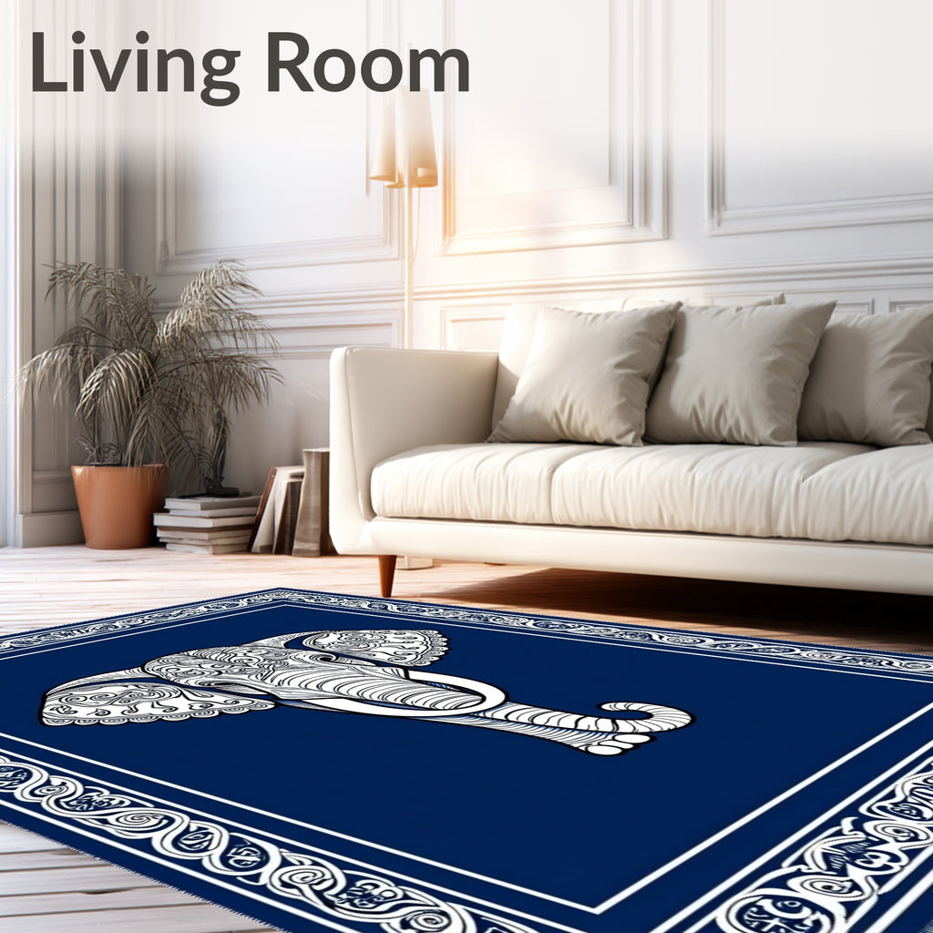 Ornate White Elephant Indigo Border Rug