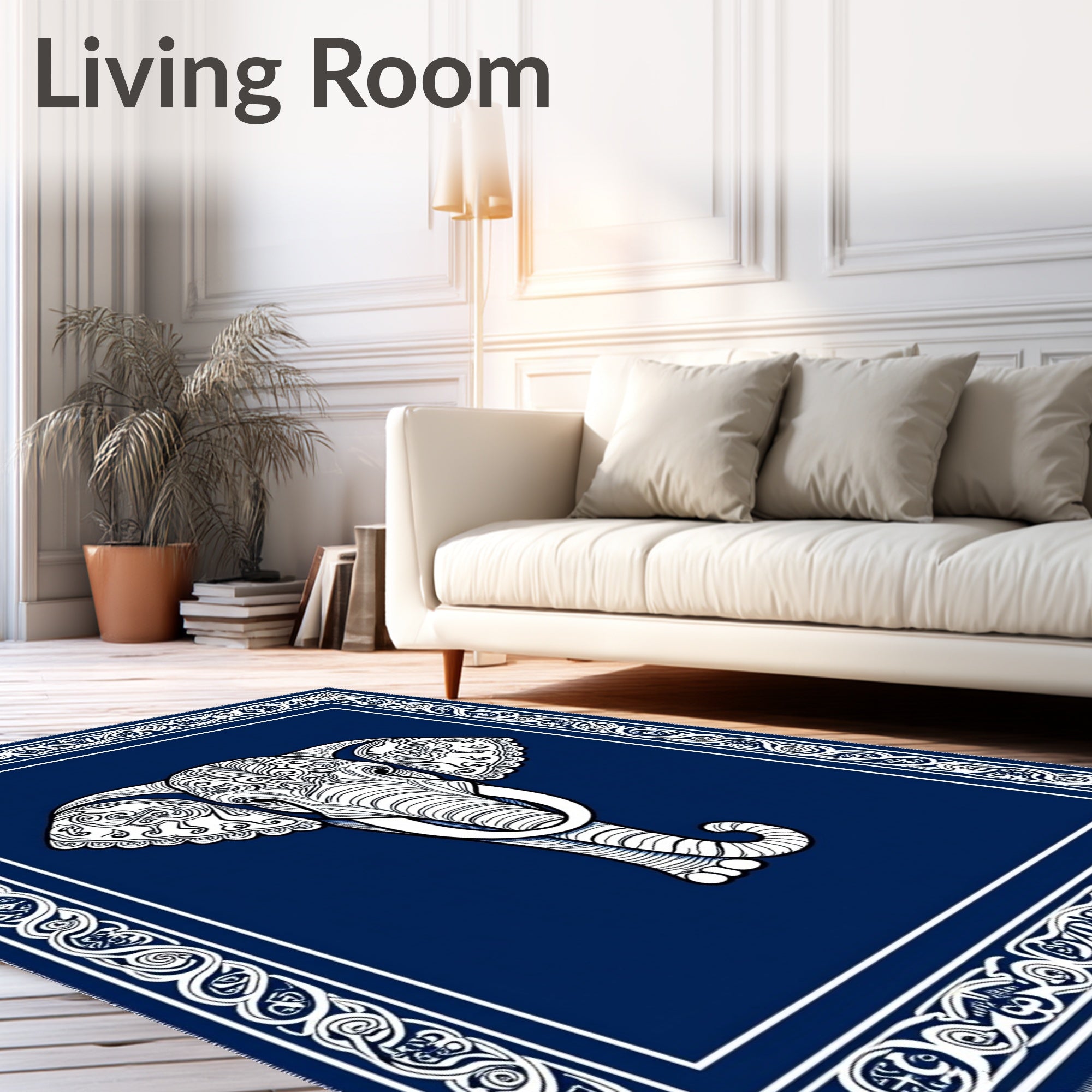Ornate White Elephant Indigo Border Rug