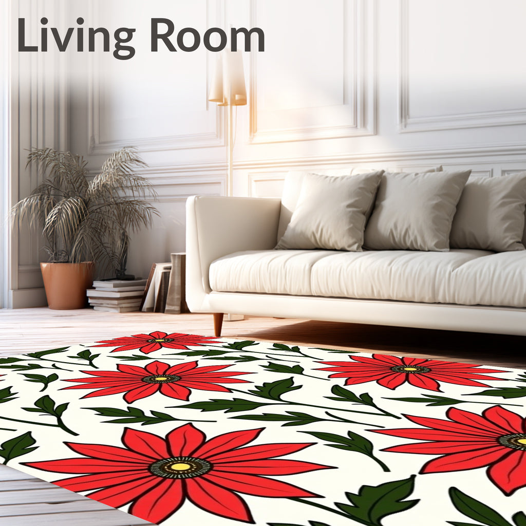 Vivid Red Daisy Floral Branches Rug