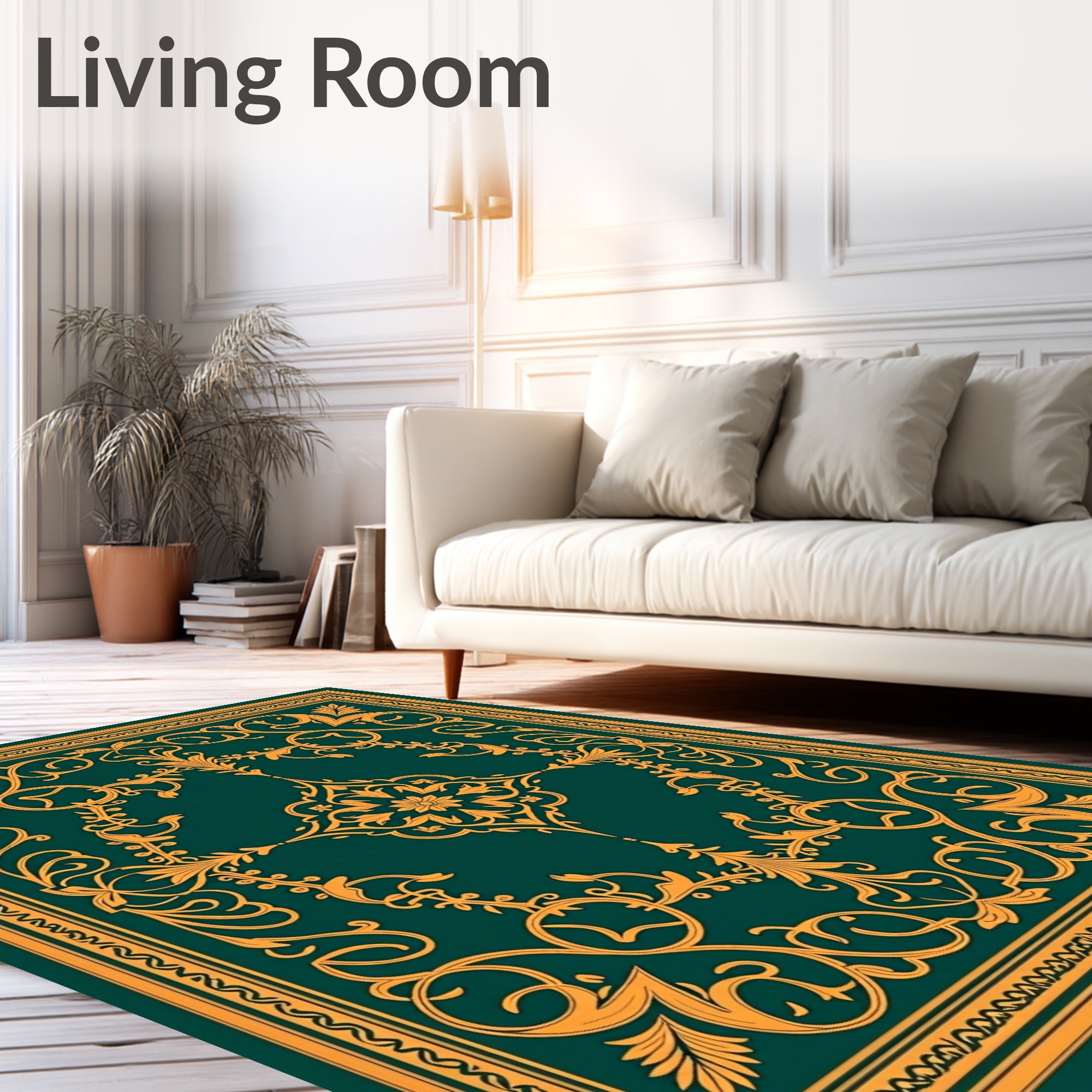 Golden Swirls on Deep Emerald Canvas Rug