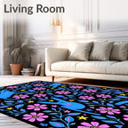 Whimsical Blue Cats Pink Flowers Rug