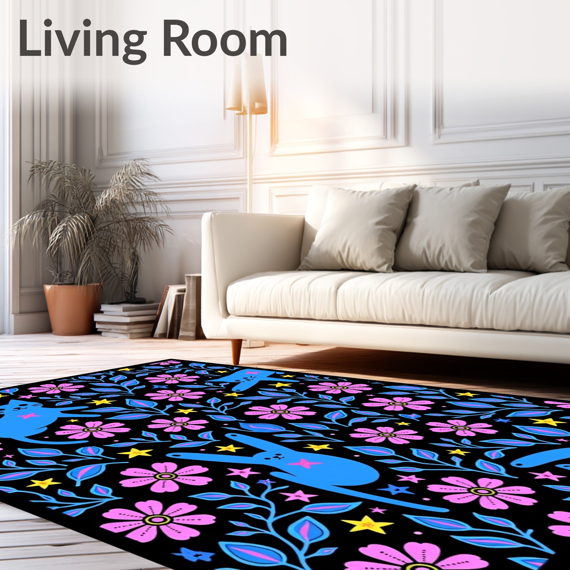 Whimsical Blue Cats Pink Flowers Rug