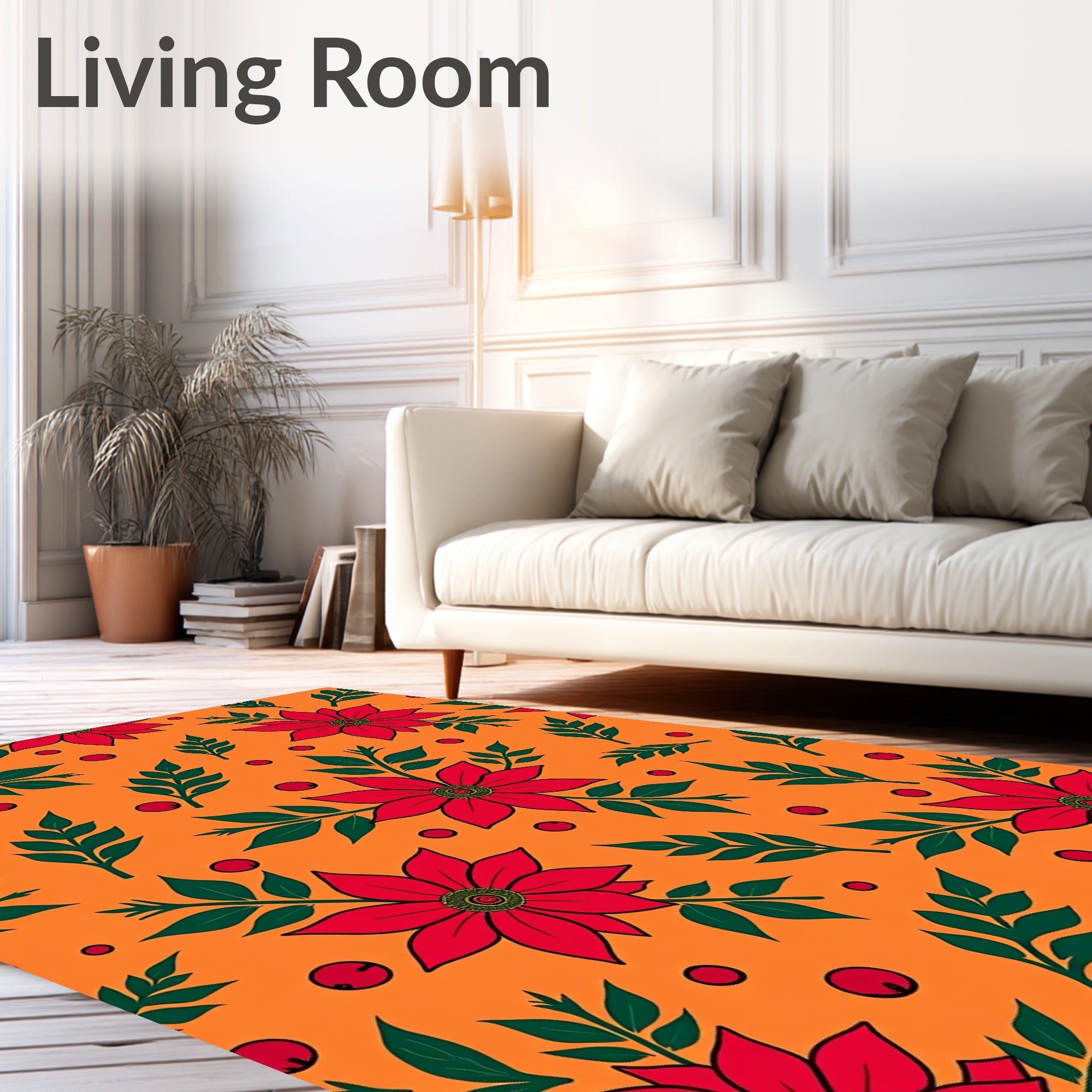 Vibrant Red Floral Branches Orange Rug