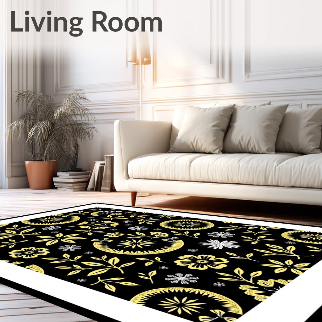 Golden Whimsical Floral Leaf Medallion Rug