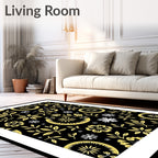 Golden Whimsical Floral Leaf Medallion Rug