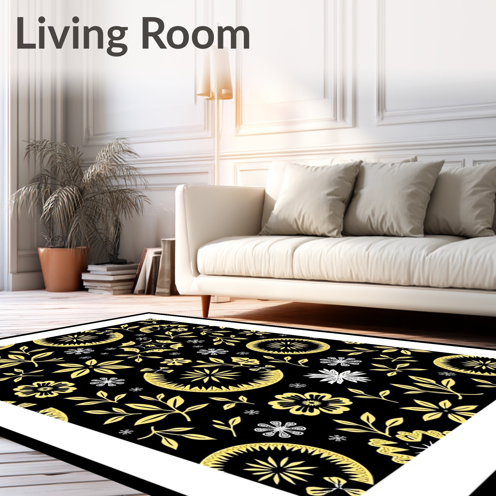 Golden Whimsical Floral Leaf Medallion Rug