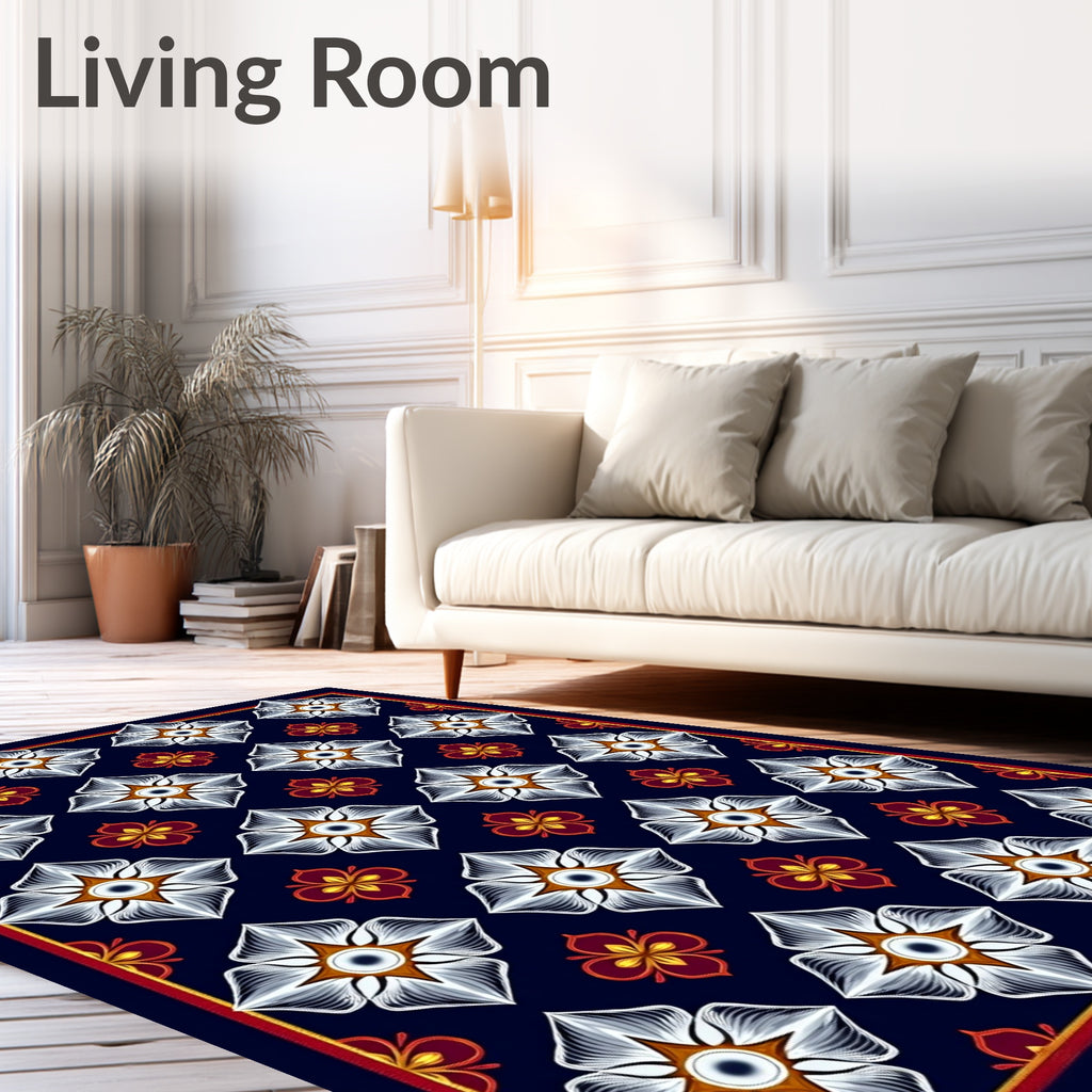 Indigo White Floral Diamond Medallion Rug