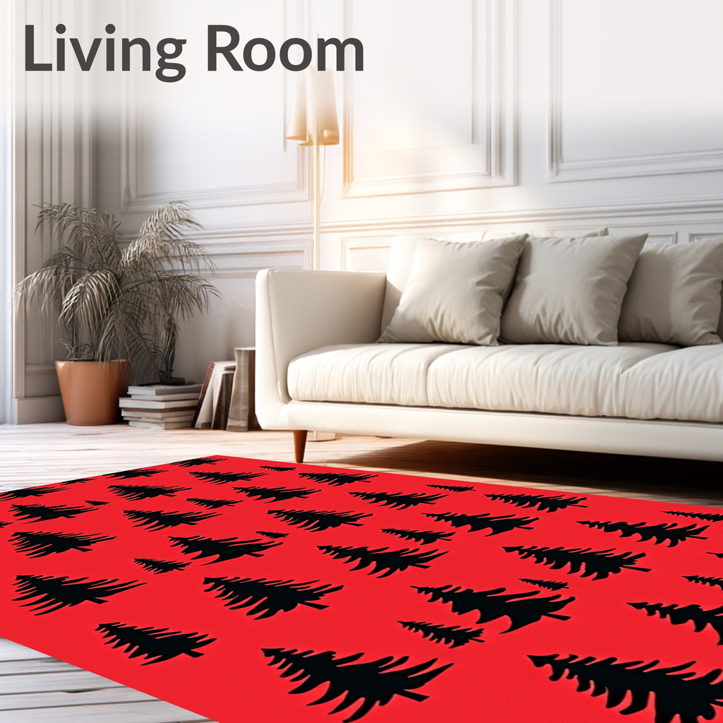 Black Fir Trees on Red Background Rug
