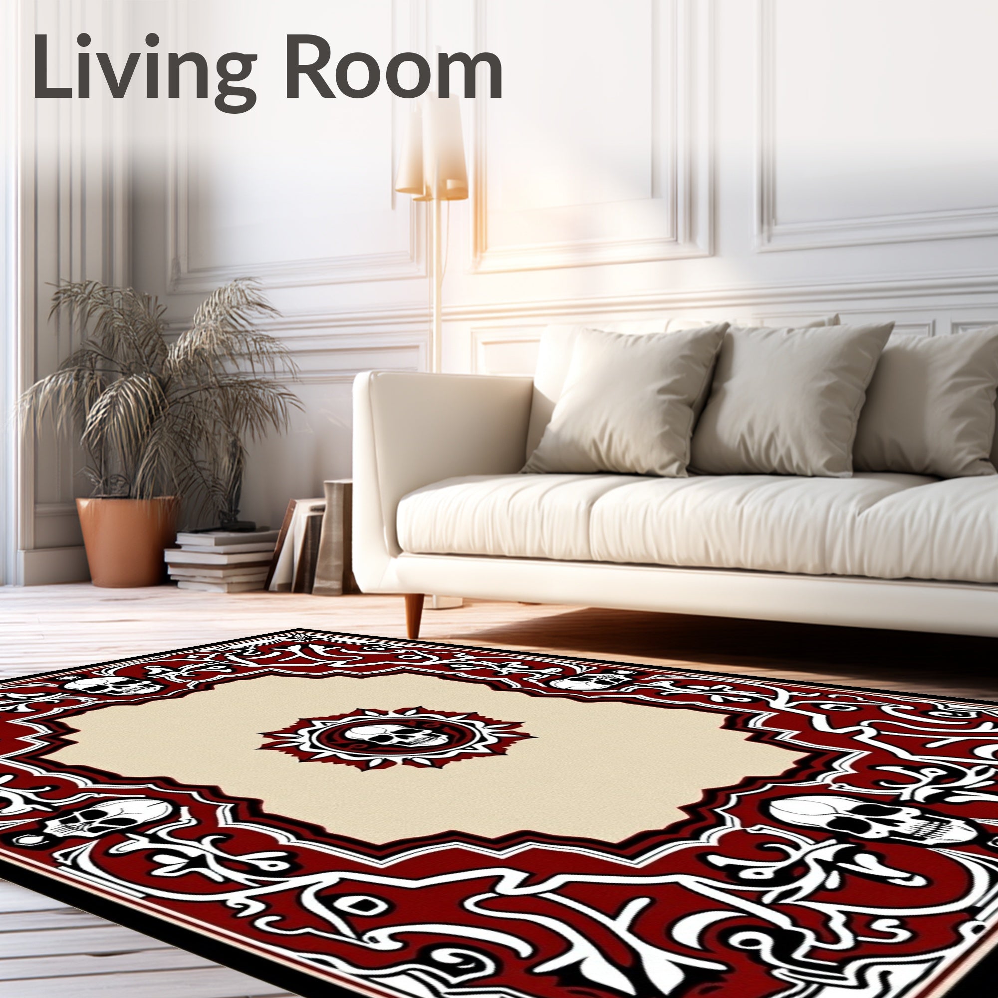 Crimson Skull Gothic Floral Border Rug