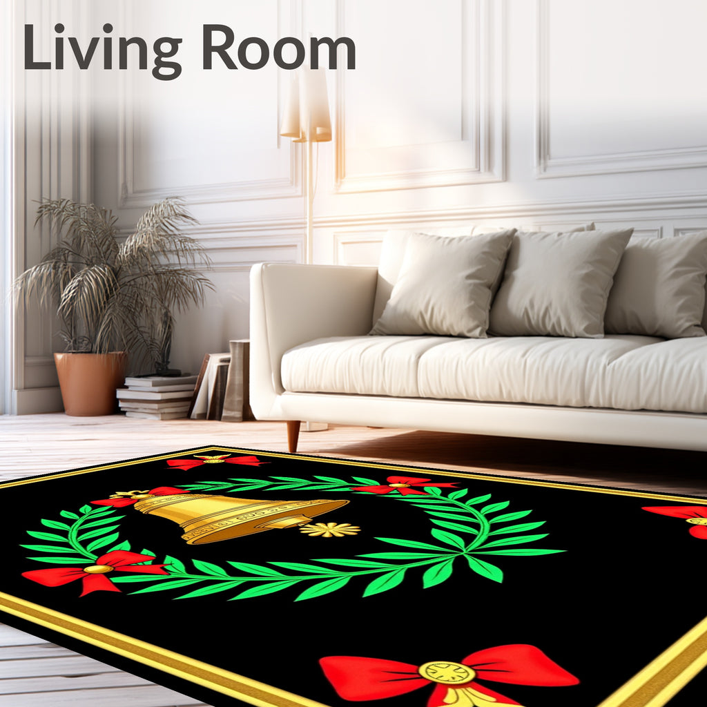 Golden Bell Wreath Red Bow Accents Rug
