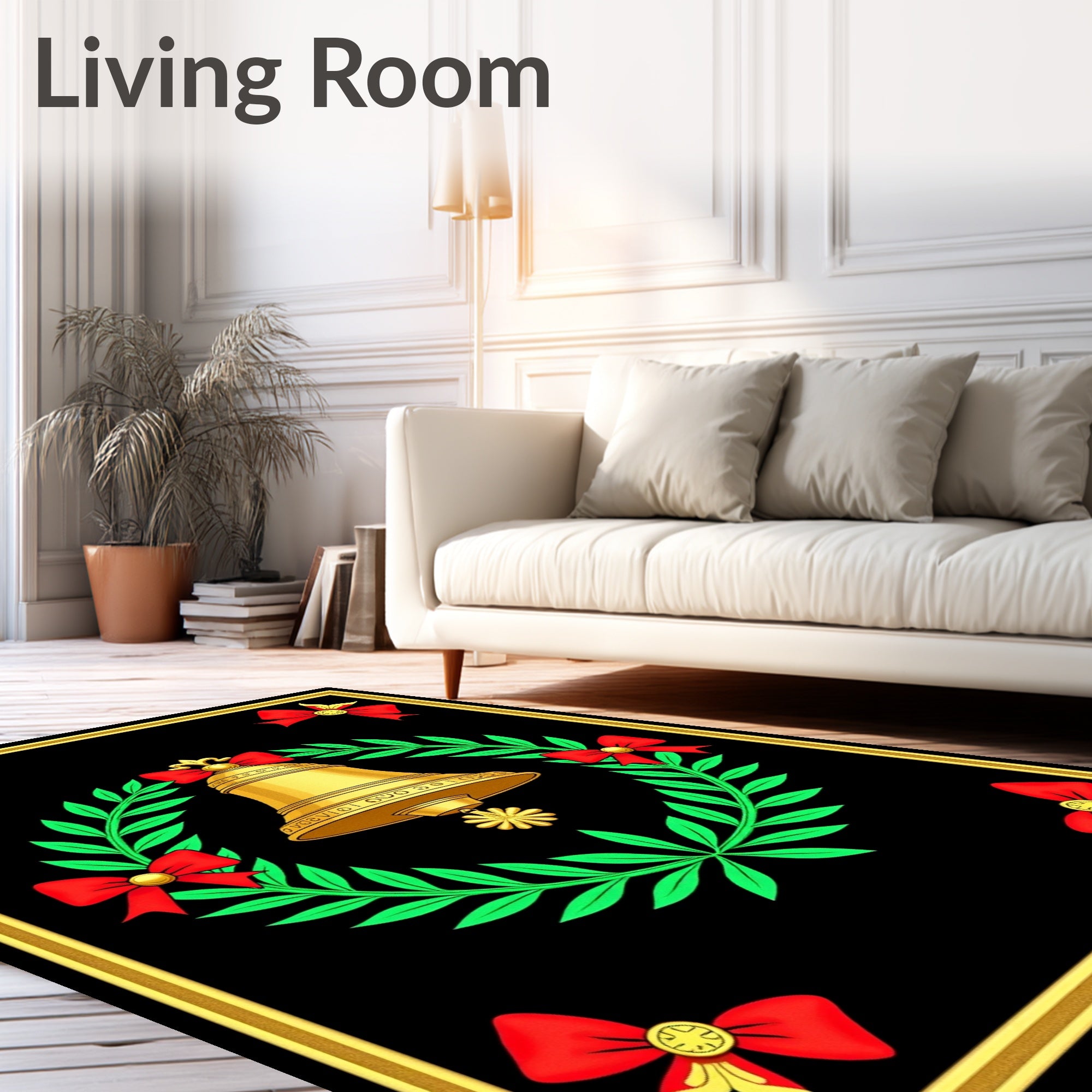 Golden Bell Wreath Red Bow Accents Rug