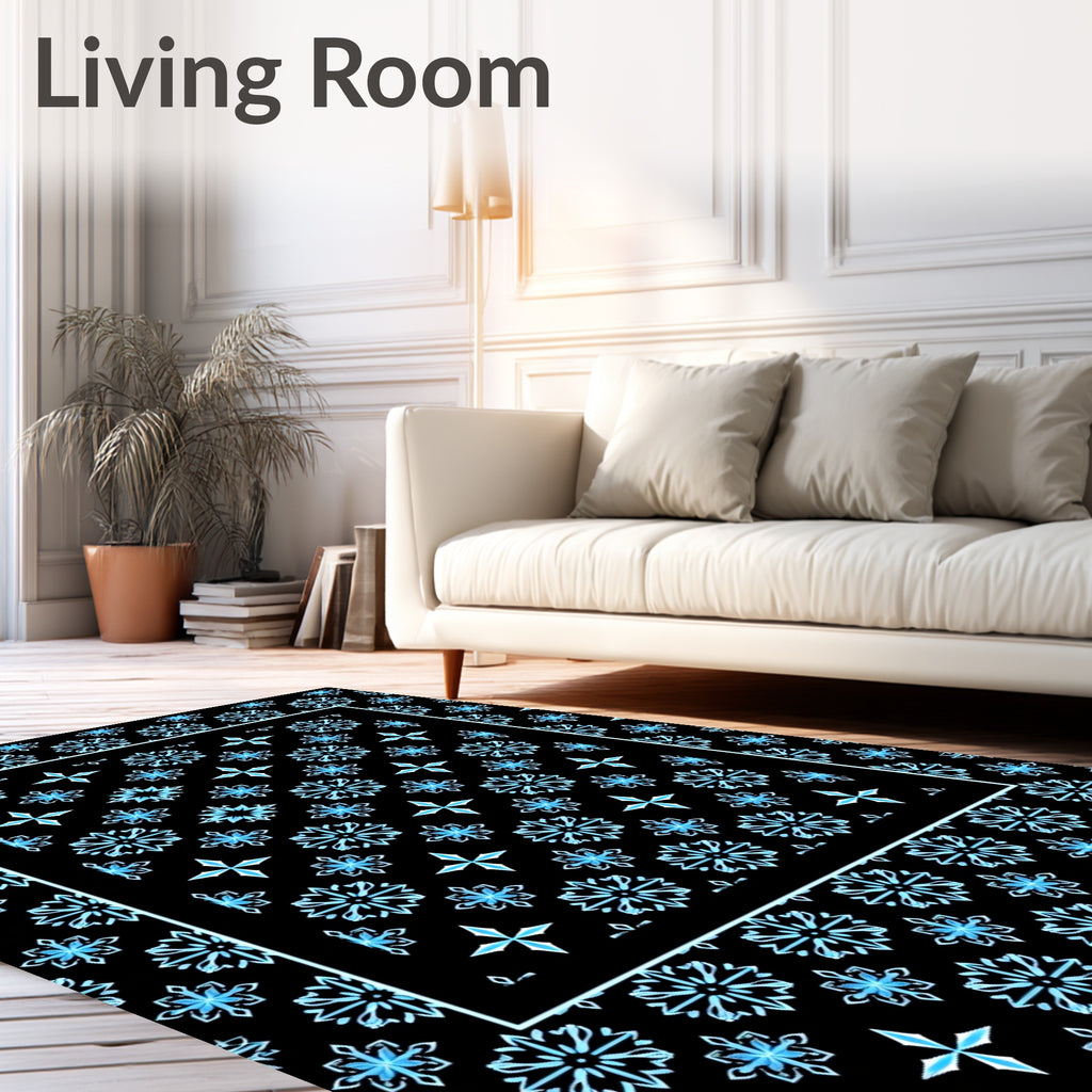 Ice Blue Snowflake Geometric Border Rug