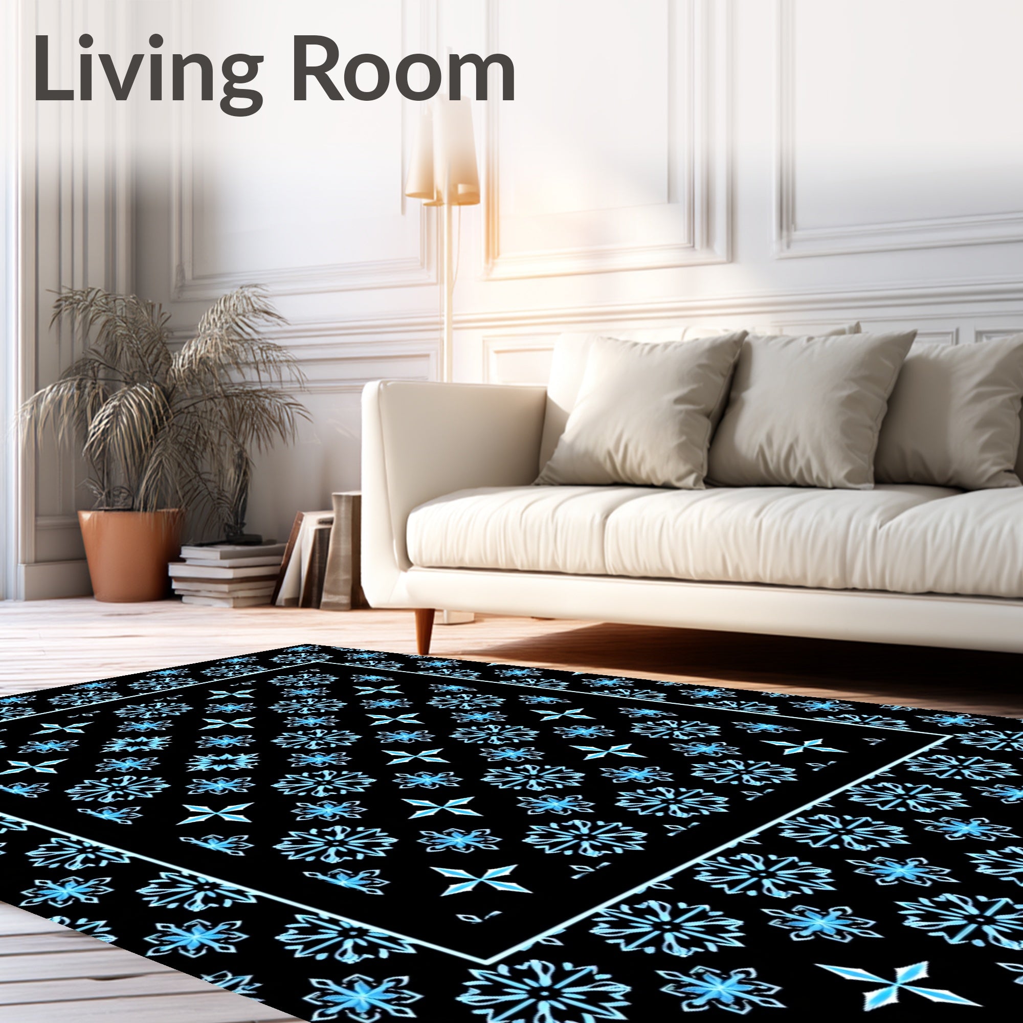 Ice Blue Snowflake Geometric Border Rug