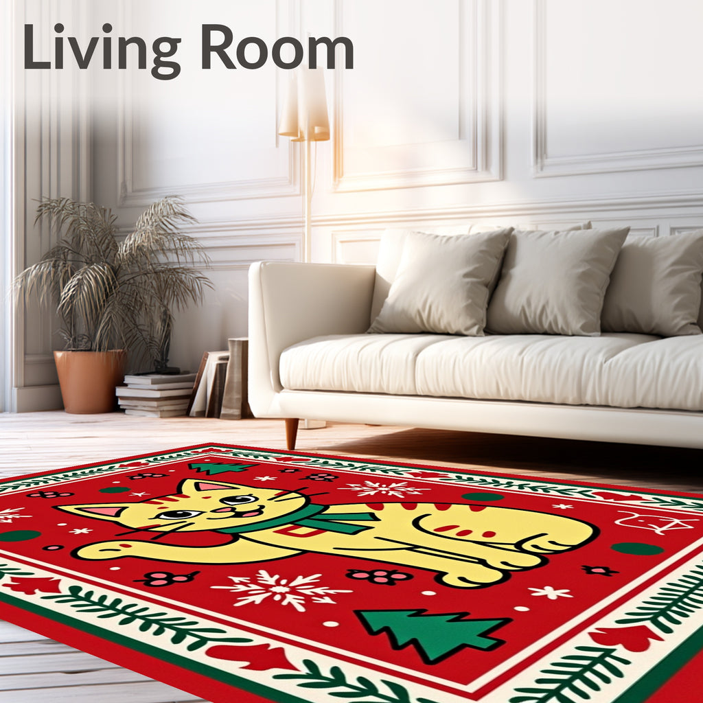 Charming Yellow Cat Christmas Floral Rug