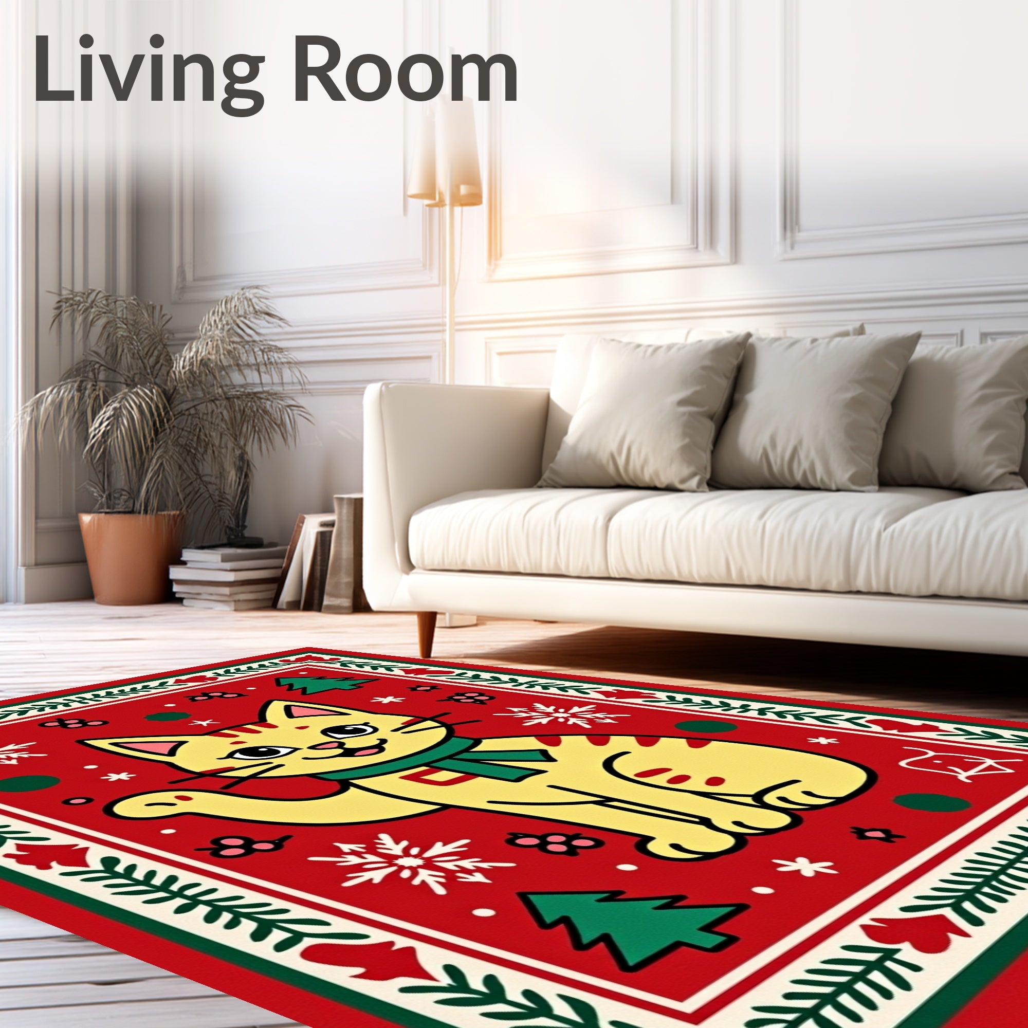 Charming Yellow Cat Christmas Floral Rug