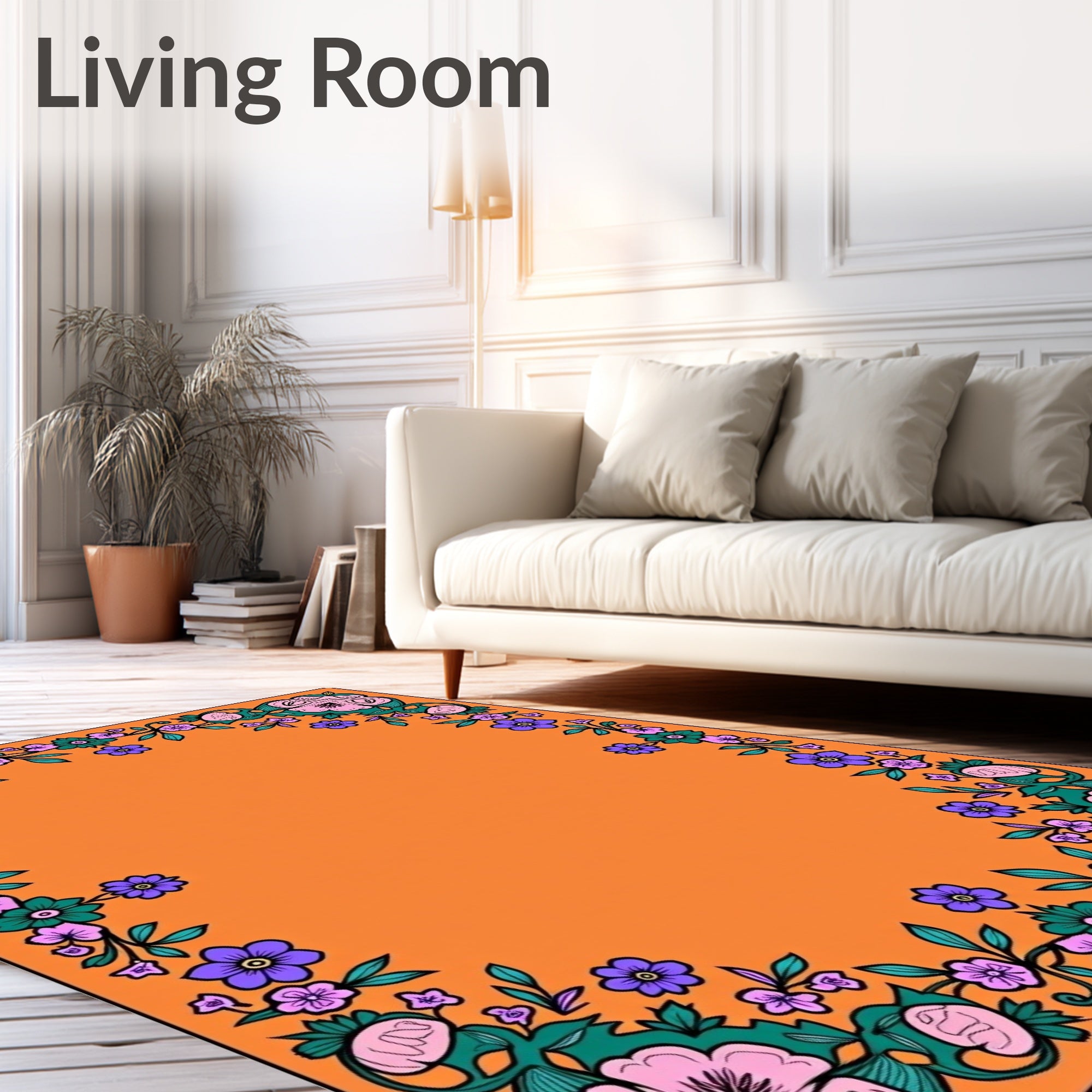 Vibrant Orange Floral Scroll Border Rug