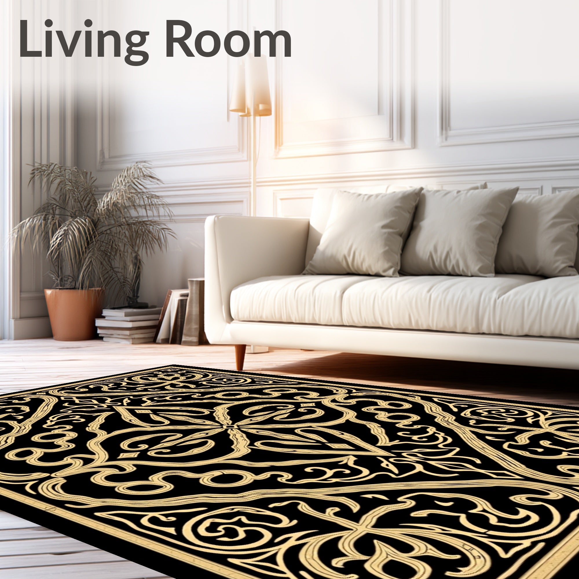 Ornate Gold Black Scrollwork Medallion Rug