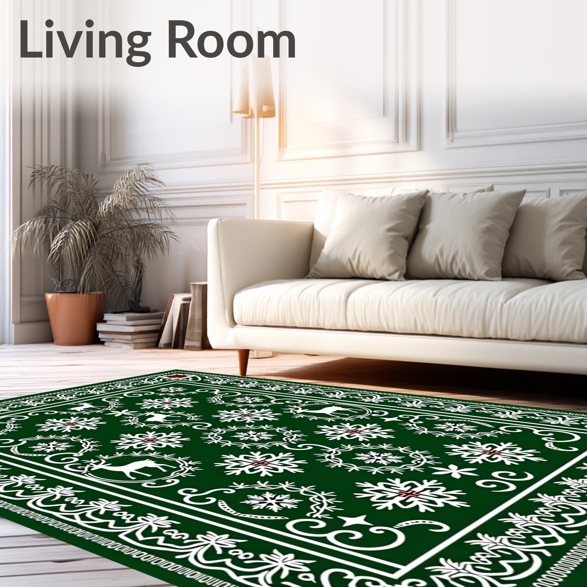 Green White Reindeer Snowflake Festive Rug