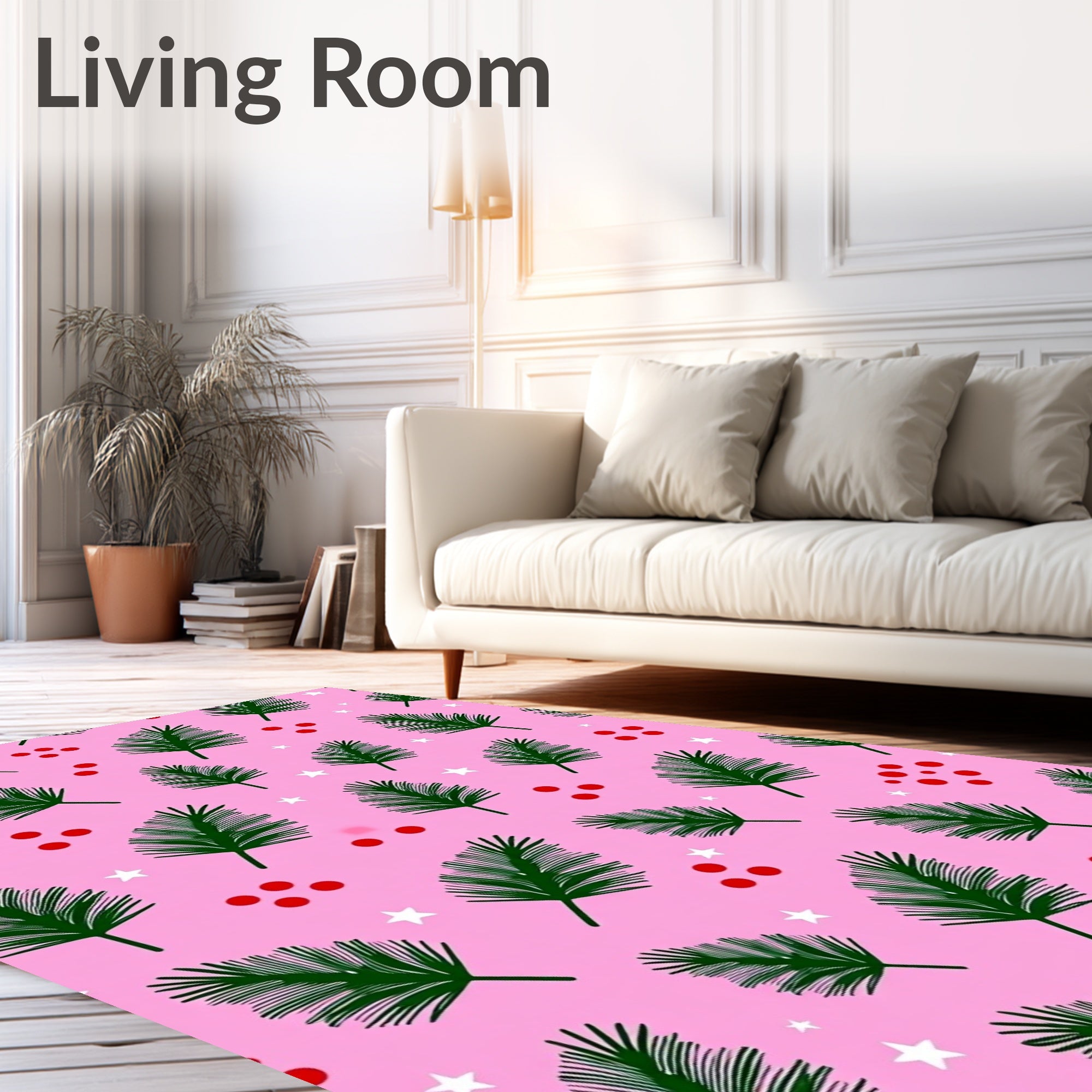 Pink Forest Evergreen Sprigs Stars Rug