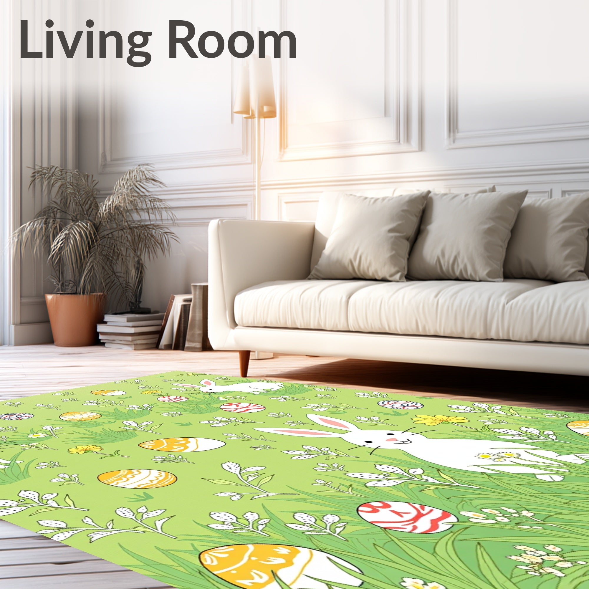 Whimsical White Bunnies Yellow Eggs Meadow Rug