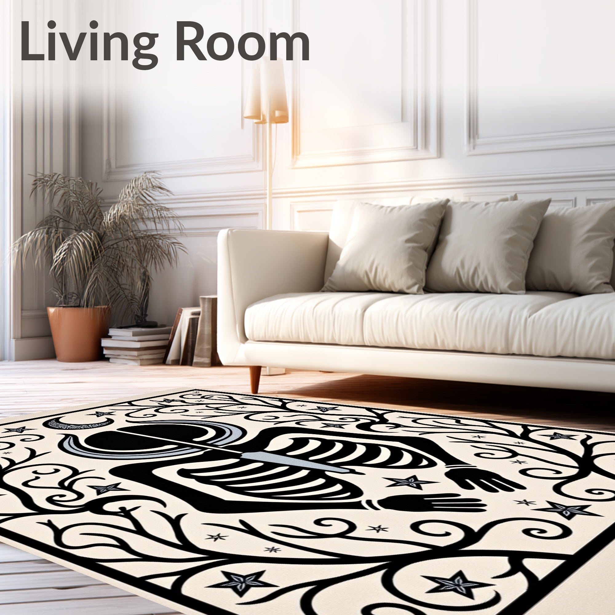 Black Skeleton Crescent Moon Stars Rug