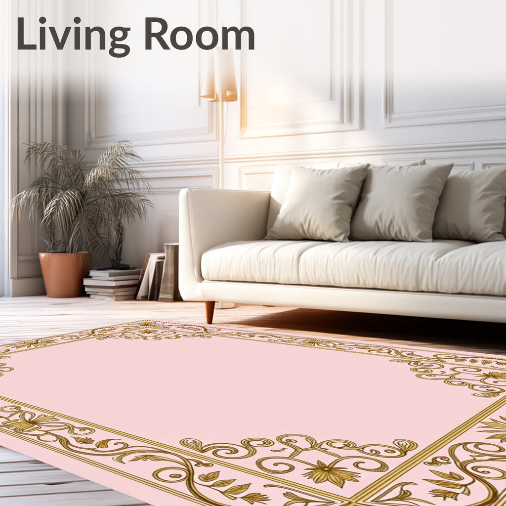 Golden Floral Vines Pink Border Rug
