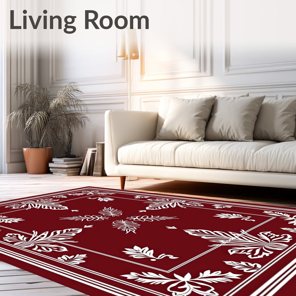 Crimson Ornate Leaf Frame Border Rug