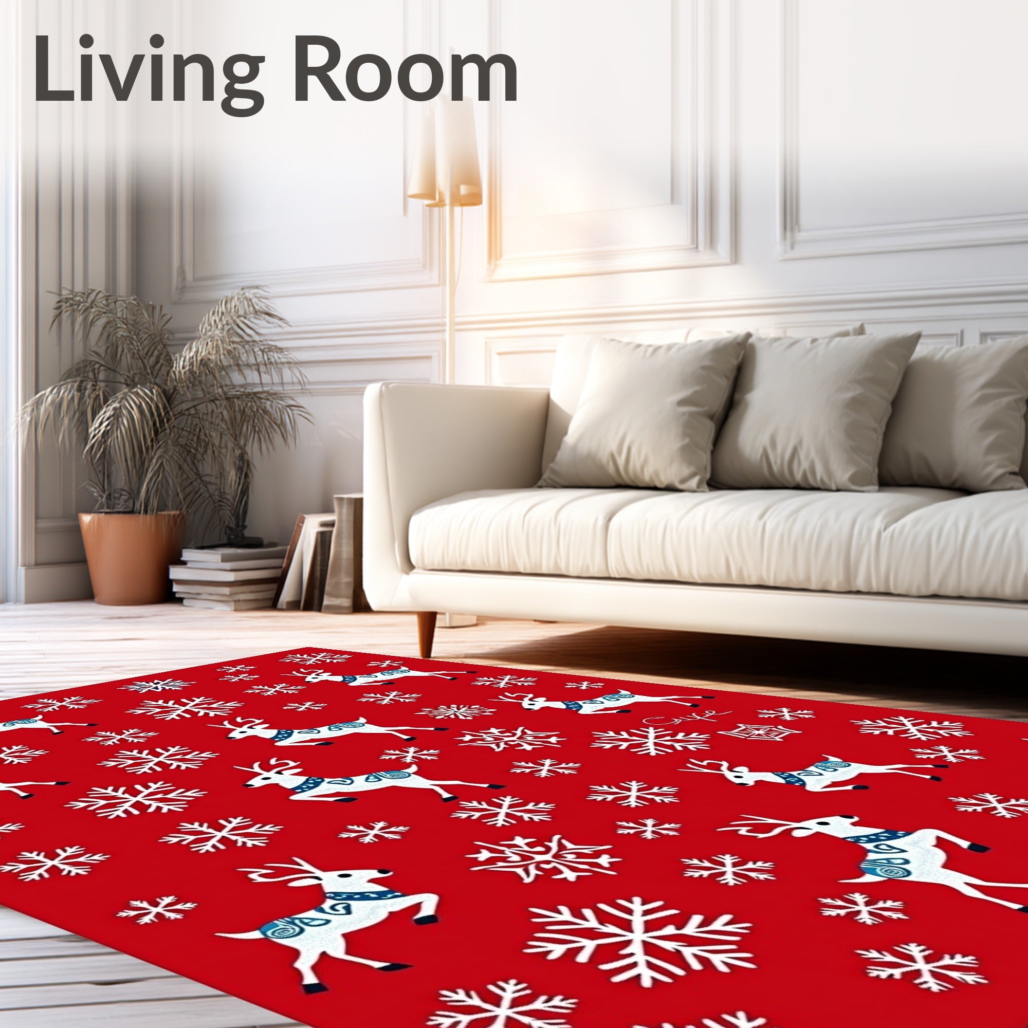 Festive Red Reindeer Snowflake Collection Rug