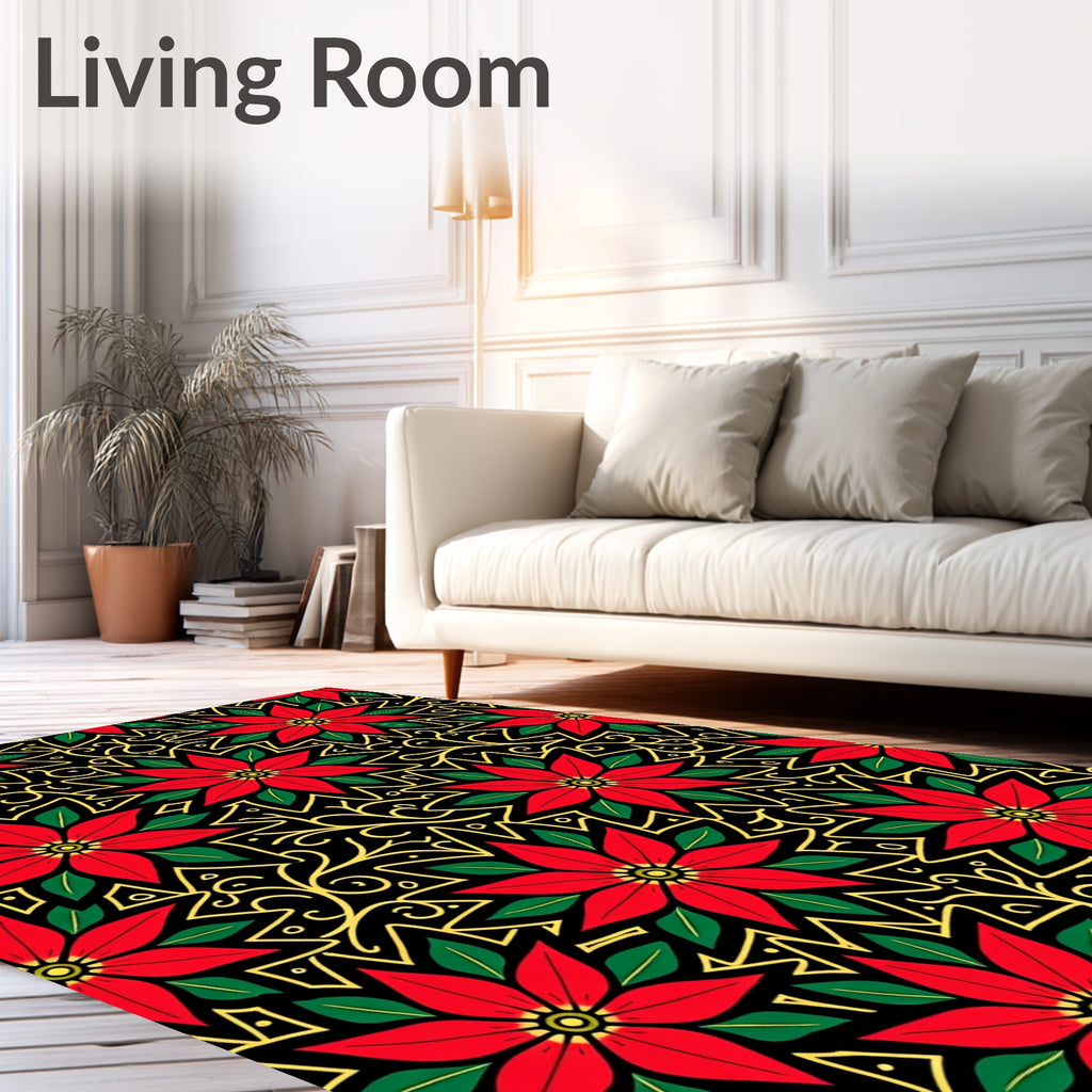 Red Poinsettia Black Gold Swirl Rug